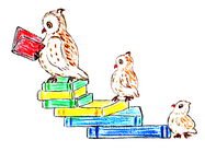 Picture of Owls walking up a stop of books
